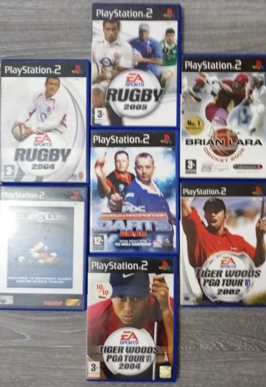 Joc PS2 Rugby 2004 + Rugby 2005 + Cricket + PDC Darts + International Cue Club + Tiger Woods PGA Tour 2002 + 2004